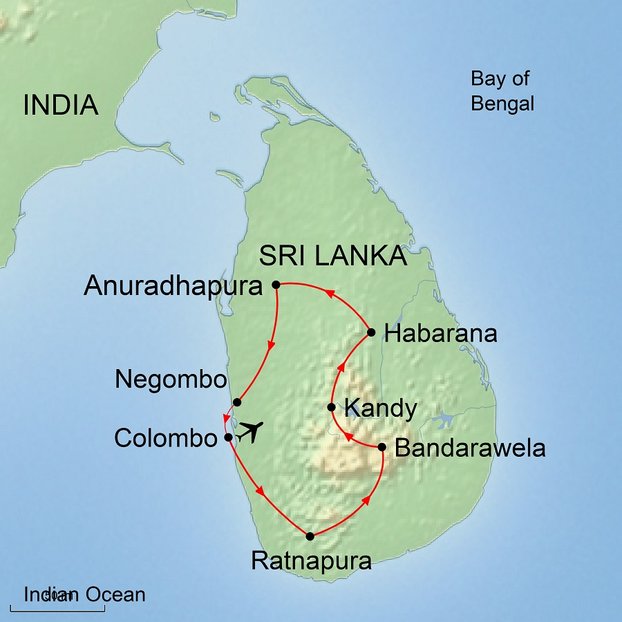 Ramble Worldwide map graphic of Sri Lanka and surrounding areas for walking holiday Sri Lankan Trails