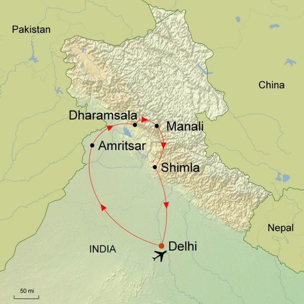 Map graphic of Ramble Worldwide walking holiday Hill Stations Of The Himalayas depicting locations around India such as Delhi, Shimla, Manali, Dharamsala, and Amritsar