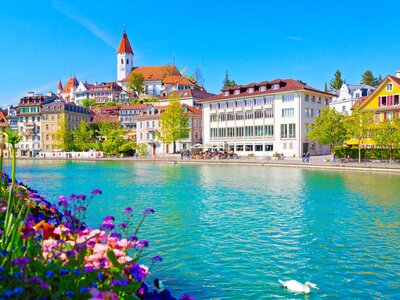 Spiez on sunny day in Lake Thun, Bernese Oberland, Switzerland