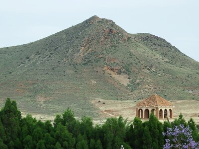Small building with mountain in background, Rodalquilar, Spain