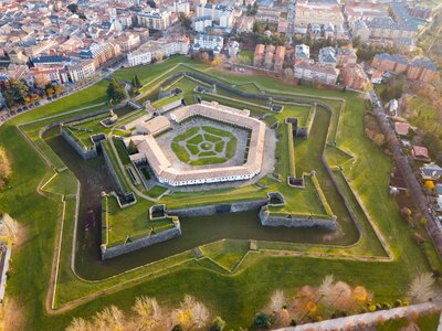 Aerial view of famous Citadel of Jaca on background of cityscape in sunny autumn day, Spain
