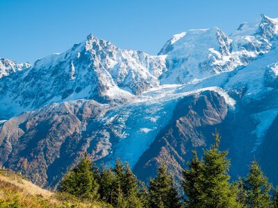View of Mont Blanc from chalets des Chailloux in autumn, Chamonix, France