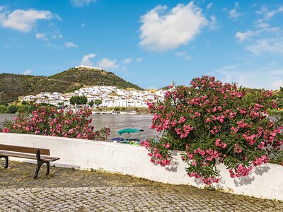 Bench view of Alcoutim on sunny day, Portugal