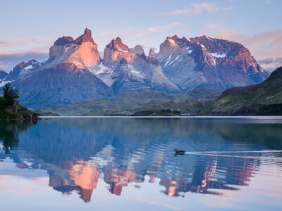 Sunrise in Torres del Paine with reflection on lake, Chile