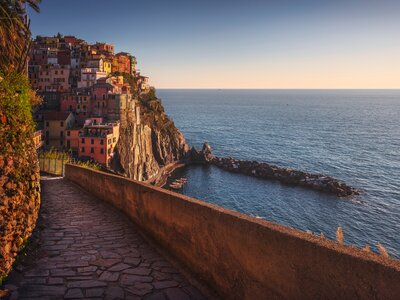 Stone trekking trail descending to Manarola village next to sea, Cinque Terre National Park, Liguria, Italy, Europe