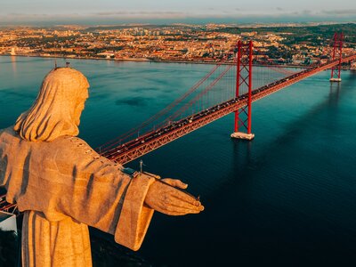 Aerial view of Sanctuary of Christ the King, Santuario de Cristo Rei, Lisbon, Portugal