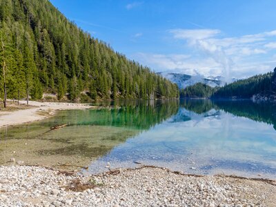 Landscape of Lake Braies in the Dolomites among mountains, Italy