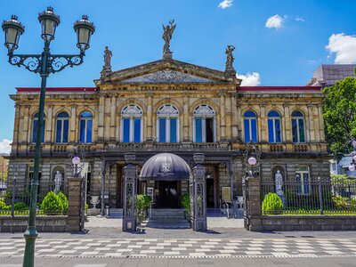 Front exterior of National Theatre building in San Jose Centre on sunny day, Costa Rica