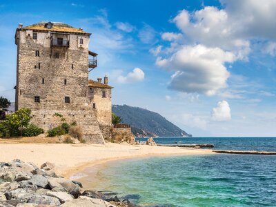 Ouranoupolis tower in Chalkidiki on sunny day, Greece