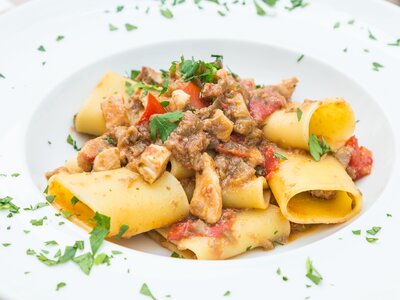 Traditional Paccheri pasta with Swordfish, Otranto town, Puglia Region, South of Italy