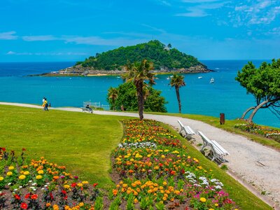 Santa Clara island viewed from Miramar palace in San Sebastian, Spain, Europe