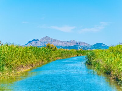 Albufera national park marshland river and mountains in background, Menorca