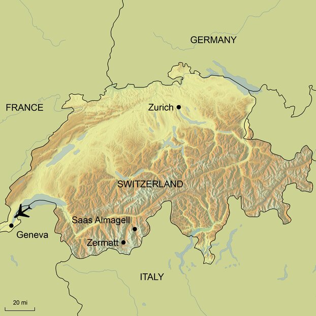 Ramble Worldwide map graphic of Switzerland and surrounding area for walking holiday Saas Valley: Pearl of the Swiss Alps