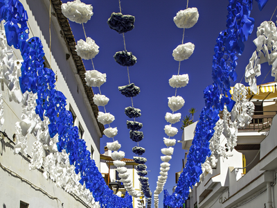 Odeceixe village blue and white festival bunting, Portugal