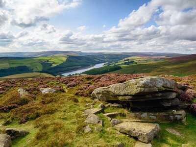 Looking down over the Ladybower reservoir from Derwent Edge in the Peak District National Park in Derbyshire