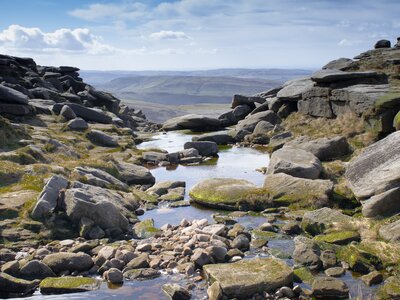 Sunny day from Kinder Scout, moorland plateau and National Nature Reserve in the Dark Peak of the Derbyshire Peak District, England
