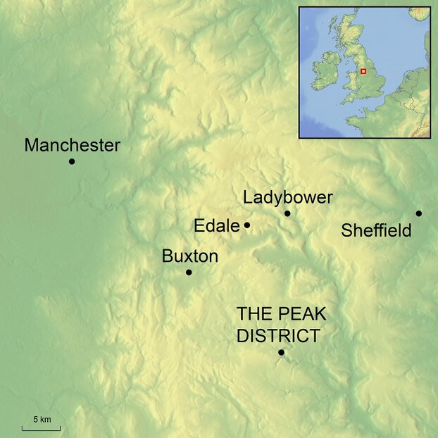 Ramble Worldwide map graphic of the peak district and surrounding area for walking holiday The Dark Peak Weekend