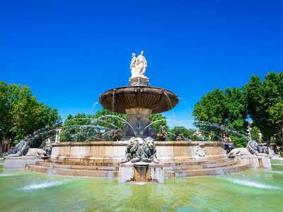 Fontain de la Rotonde with three sculptures of female figures presenting Justice in Aix-en-Provence, France