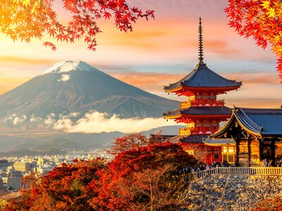 Kiyomizu-dera temple in Kyoto and mount Fuji at autumn sunset, Japan