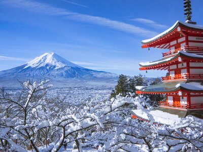 Mount Fuji and Chureito Pagoda during Winter - Yamanashi, Japan