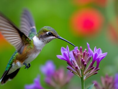 Blue hummingbird Violet Sabine flies next to beautiful purple flowers, Costa Rica