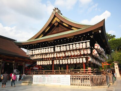 Ancient wooden Pavilion decorated the white lanterns with Japanese writing, Yasaka Shrine, famous shrine in Gion arcade in Kyoto, Japan