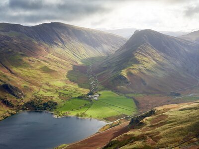 Dale Head, Fleetwith Pike, Gatesgarth and Buttermere in the Autumn from the summit of High Stile in the Lake District, UK