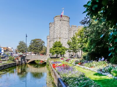 Westgate towers from Westgate Gardens park on a sunny day, Canterbury, England, UK