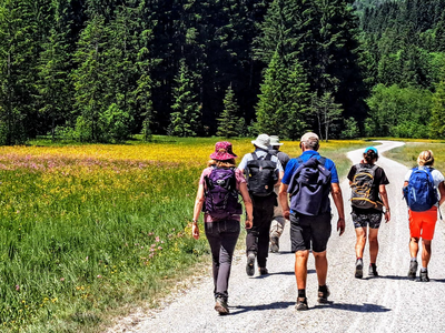 Ramble Worldwide walking group on summertime meadow walk on G6 walking route in Bavaria