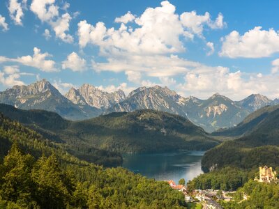 Scenic view of Hohenschwangau Castle and the Bavarian Alps, Bavaria, Germany