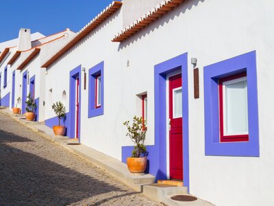 Colourful house facades in Odeceixe village, Alentejo, Portugal