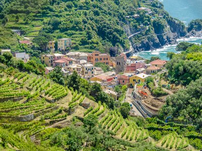 Monterosso in Cinque Terre, Italy, view at the town from mountain trail