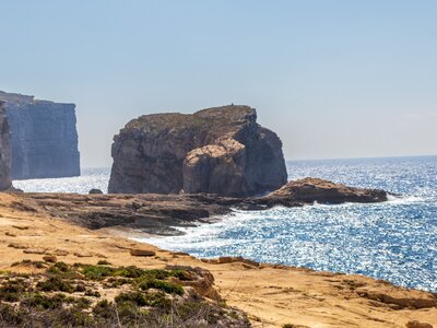 The famous Fungus Rock islet at Dwejra bay on Gozo island in Malta