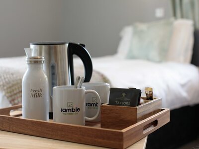 Close-up of Ramble Worldwide teas and coffees in Hassness House bedroom