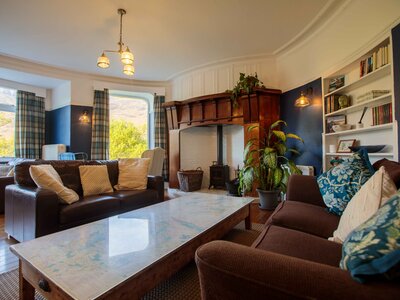 Wide view of Hassness House living room interior