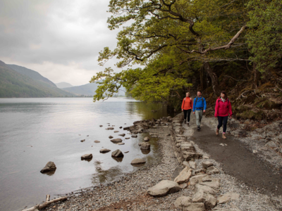 People walking beneath overhanding tree branch next to Buttermere Lake walking trail in the Lake District