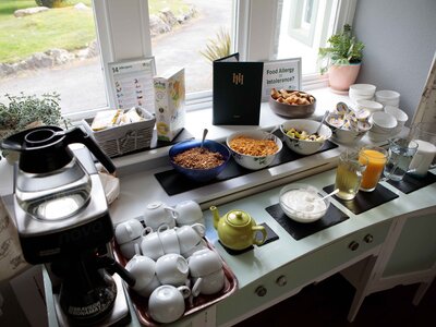 Continental breakfast spread near window on Hassness House dining room