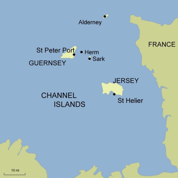 Ramble Worldwide walking holiday Jersey Tidal Trail map graphic depicting Jersey, St Helier, and surrounding channel island Guernsey, with France nearby