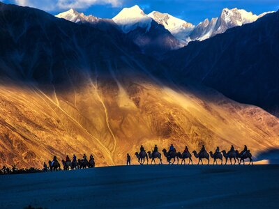 Tourists in distance riding double hump camels in cold desert of leh and Ladakh while waiting for sunset, Nubra valley