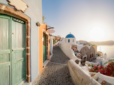 Street of Oia, traditional Greek village of Santorini, Greece
