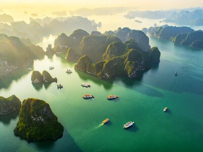 Aerial view of dreamy sunset landscape Ha long Bay, Vietnam