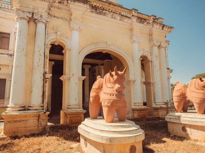 Traditional sculptures of bulls at front of museum Indira Gandhi Rashtriya Manav Sangrahalaya, Mysore in India