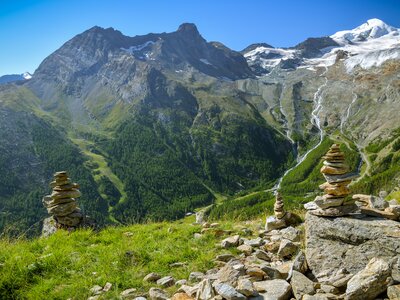 Small rock towers overlooking the Saas valley close to Saas-Fee village, Switzerland