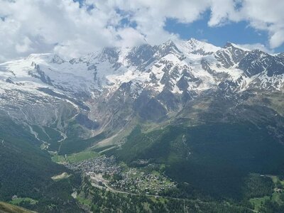 High expansive view of mountain valley, saas almagell, Switzerland