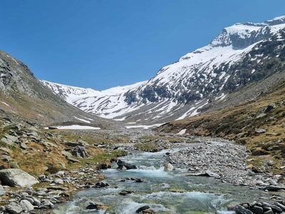 Flowing river with snow-capped mountains in background, Switzerland