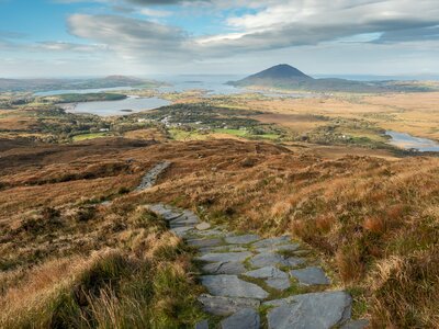 Path to the Diamond hill and view of beautiful landscape, Connemara National park, county Galway, Ireland