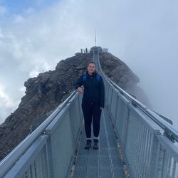 Ramble Worldwide Product Manager Megan Bassett on Glacier 3000 peak bridge, Les Diablerets, Switzerland