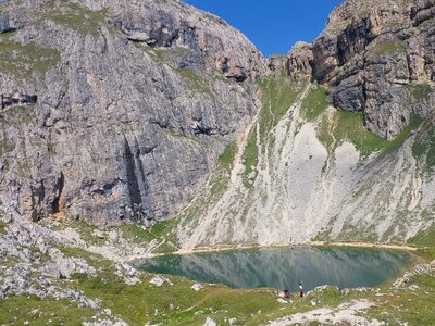 Still lake with mountains surrounding, Dolomites, Italy