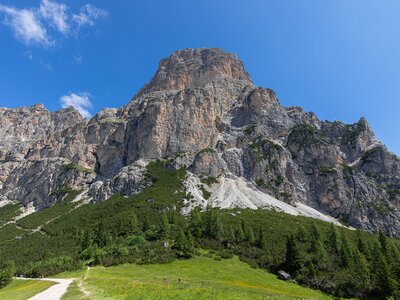 Sassongher mountain view from the foot with hiking paths, Italian Alps, Colfosco