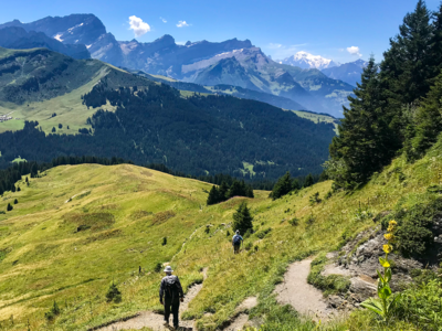 Hikers descending trail, Switzerland